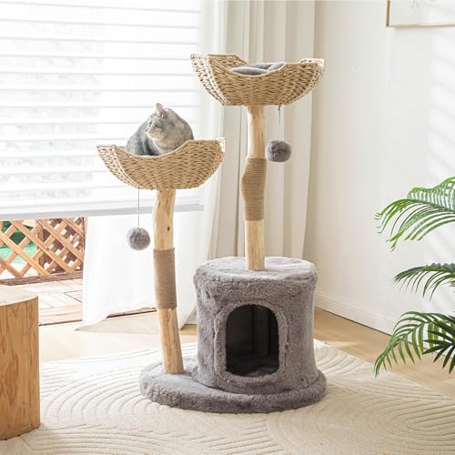 Modern Cat Tree for Indoor Cats Large Adult, 46.5" Tall Wooden Cat Tower for Large Cats with Scratching Post, Luxury Cat Condo, Grey - color: Grey, size: 46.5*23.6 inch