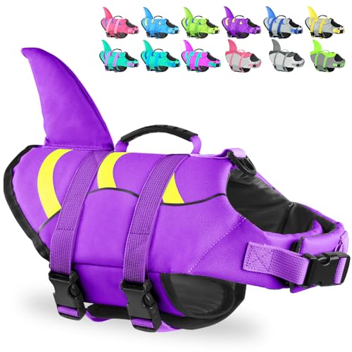 Dog Life Jacket Shark, Dog Life Vest Adjustable Ripstop, Dog Swimming Safety Vest with Superior Buoyancy & Rescue Handle for Small Medium Large Dogs, Swim, Pool, Beach, Boating - color: Purple-Wave Shark, size: X-small
