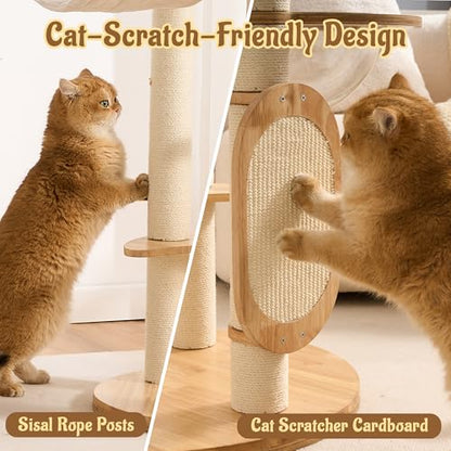 Modern Solid Wood Cat Tree for Indoor Cats Up to 15lbs, 49" Tall Cat Tower with Scratching Posts & Scratcher, Large Cat Bed, Hammock, Capsule Nest, Dangling Ball, Multi-Level Cat Furniture - color: 49"Natural