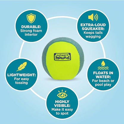 Outward Hound FlyFetch Squeak Ball Dog Toy, Extra‑Loud Squeaker, Durable Foam Core, Floats in Water, All Breeds, 4"