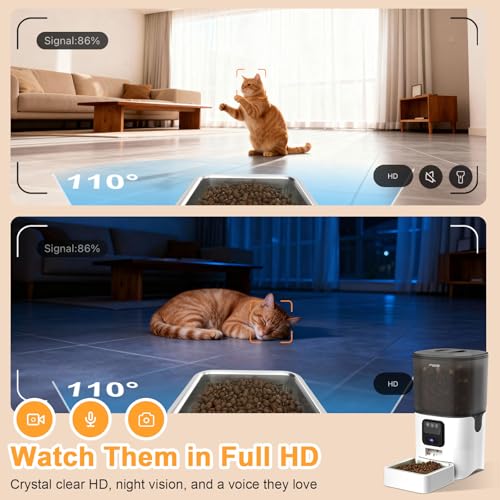 Automatic Cat Feeder with Camera, 1080P HD Video with Night Vision, 2.4G WiFi Pet Feeder for Cat & Small Dog, 2-Way Audio & Meal Call Pet Food Dispenser, Motion Capturing Auto Dog Feeder 6L - size: 6L single bowl video version