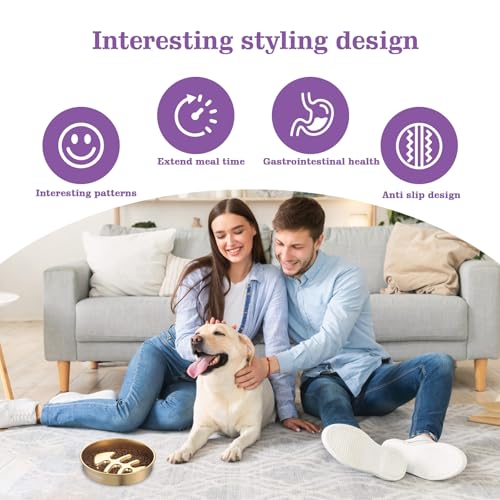 Golden Stainless Steel Slow Feeder Dog Bowls – Non-Slip Metal Dog Bowl for Large & Medium Breeds, Puppy Puzzle Feeder – 2 Cup Capacity for Small to Big Pets – Durable Slow Feed Dog & Cat Food Dish - color: Fishbone-Golden