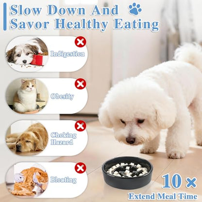 Ceramic Slow Feeder Dog Bowls, 1 Cups Dog Food Dish for Small and Medium Breed, Puzzle Dog Food Bowl for Fast Eater, 15OZ, 6.3 inch(Black) - color: Black-M