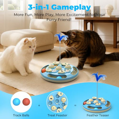 3 in 1 Cat Treat Puzzle Feeder, Level 3 Interactive Cat Puzzle Toy with Track Balls, Feather Teaser & Slow Feeder Insert, Non-Slip Base, Mental Stimulation for Bored Indoor Cats, Blue - color: Blue