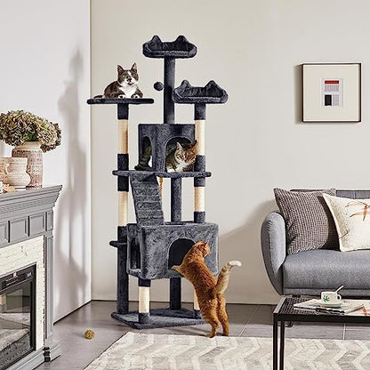 Yaheetech 72-inch Cat Tree, Multi-Level Cat Tower with 2 Condos & 6 Scratching Posts, 3 Perches & Detachable Toy Ball, Pet Furniture Play House for Kittens/Cats, Dark Gray - color: Dark Gray