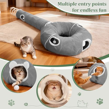 Ownpets 2-in-1 Cat Tunnel, Large Lollipop Shape Cat Tunnel Toy with Fluffy Balls, Spiral Toy, Plush Collapsible Cat Cave Hideout Donut Tunnel for Multi Kitten Puppy Rabbit (Grey) - color: Grey
