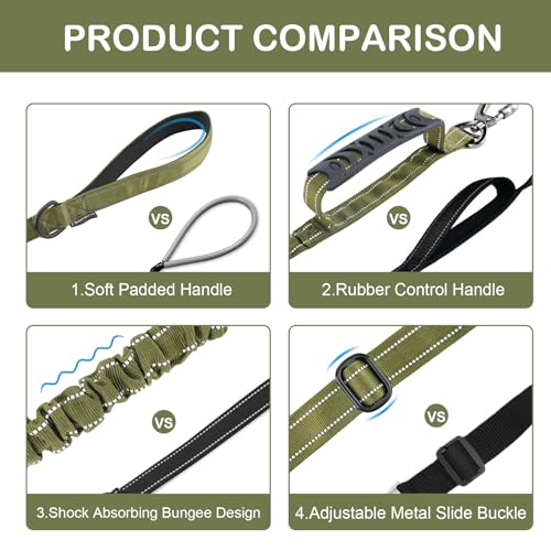 Tactical Dog Leash Heavy Duty, 4-6FT Shock Absorbing Bungee Dog Leash, Reflective Military Strong No Pull Dog Leash with 2 Padded Handle and Car Seatbelt for Medium Large Dogs, Army Green - color: Army Green