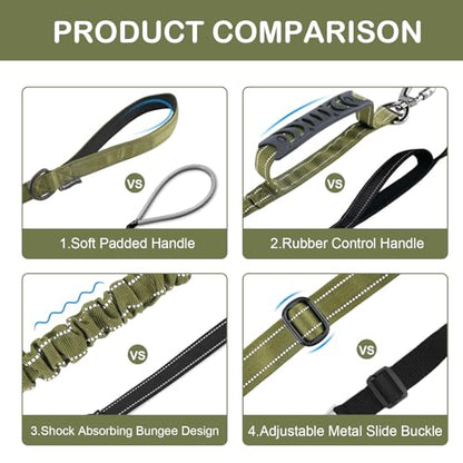 Tactical Dog Leash Heavy Duty, 4-6FT Shock Absorbing Bungee Dog Leash, Reflective Military Strong No Pull Dog Leash with 2 Padded Handle and Car Seatbelt for Medium Large Dogs, Army Green - color: Army Green