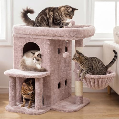 Heybly Cat Tree, 26.3-inch Cat Tower with Spacious Top Perch for Large Cats, Stair-Style Cat House Furniture with Dual-Layer Condos, Sisal Scratching Posts, Cozy Basket & Pompom, Muchroom HCT204SMU - color: Muchroom, size: 26.3 inch