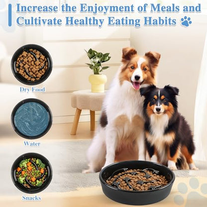 Ceramic Slow Feeder Dog Bowls, 2 Cups Dog Food Dish for Medium and Large Breed, Puzzle Dog Food Bowl for Fast Eater, 28OZ, 8.15 inch(Black) - color: Black-L