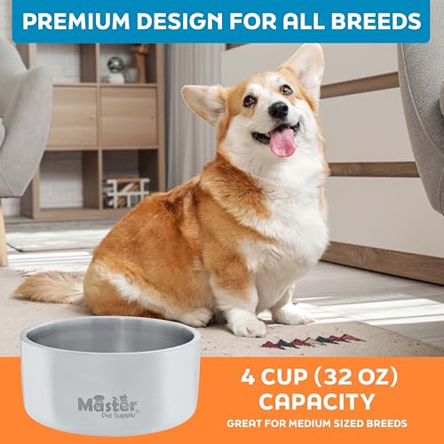 Master Pet Supply Stainless Steel Dog Bowls - 32 oz, Heavy Duty - Stainless Steel, Double Wall Extra-Thick Insulated, Non-Slip Pet Water Bowl for Dogs, Cats & Pets, Anti Rust Metal, Dish Washer Safe - color: Stainless Steel, size: 4 Cups (32 oz)
