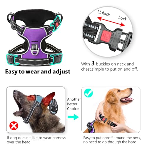 Dog Harness Small Sized, No Pull with Neck Lockable Snap,No Choke Front Clip Dog Reflective Harness,Adjustable Metal Rings 3 Buckles,Easy Control Handle for Small Dogs Purple S - color: Lock Purple, size: Small (Pack of 1)