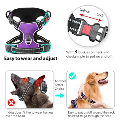 Dog Harness Small Sized, No Pull with Neck Lockable Snap,No Choke Front Clip Dog Reflective Harness,Adjustable Metal Rings 3 Buckles,Easy Control Handle for Small Dogs Purple S - color: Lock Purple, size: Small (Pack of 1)