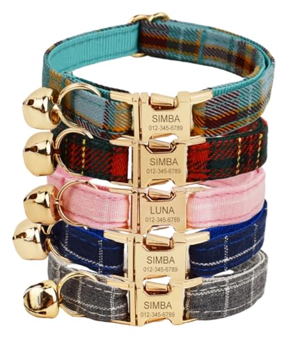 Personalized Cat Collar with Engraved Name and Phone Number - Customizable Kitten Collars for Boys and Girls (Plaid) - color: Plaid