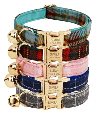 Personalized Cat Collar with Engraved Name and Phone Number - Customizable Kitten Collars for Boys and Girls (Plaid) - color: Plaid