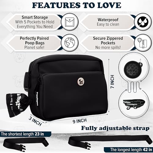 Puppington 3-in-1 Crossbody Dog Treat Pouch for Pet Training - Compostable Poop Bags, Built-In Poop Bag Dispenser, Slow-Feeding Travel Dog Bowl & Reflective Leash - Dog Walking Bag (Onyx Black) - color: Onyx Black