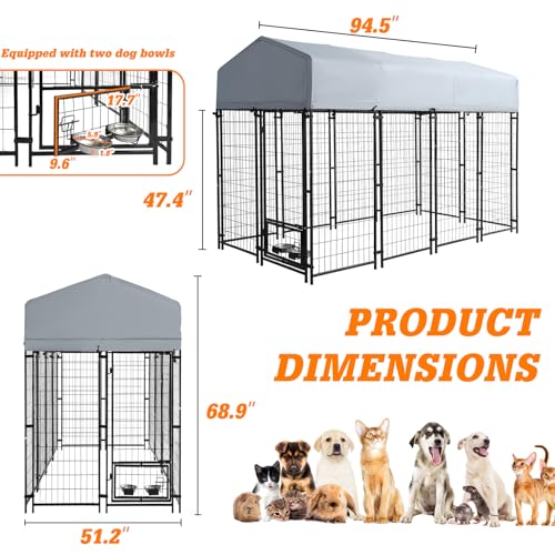 8x4x6 FT Outside Large Dog Kennel with roof - Outdoor Heavy Duty Welded Wire Steel Dog Playpen with Rotating Bowls, Dog Run Enclosure Crate Cage with Lockable Doors for Chicken, Rabbit