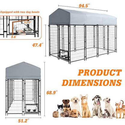 8x4x6 FT Outside Large Dog Kennel with roof - Outdoor Heavy Duty Welded Wire Steel Dog Playpen with Rotating Bowls, Dog Run Enclosure Crate Cage with Lockable Doors for Chicken, Rabbit