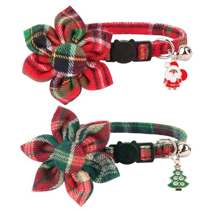 ADOGGYGO Christmas Cat Collar with Floral, 2 Pack Xmas Kitten Flower Collar, Red Green Plaid Christmas Collars for Cat Kitten - color: Christmas