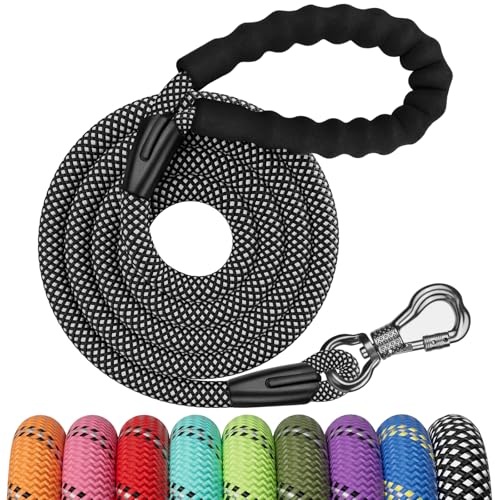 NTR 6FT Training Leash, Purple Rope Leash with Swivel Lockable Hook, Reflective Thread, Padded Handle, Dog Lead line for Walking, Hunting, Camping, Backyard for Small Medium Large Dogs, Black - color: Black, size: 6ft*1/2"