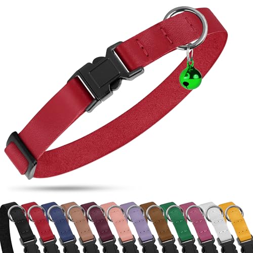 Breakaway Cat Collar with Bell - Leather Adjustable Kitten Collars with Safety Quick Release Buckle - Soft Small Pet Collars for Girl & Boy Cats (Red) - color: Red