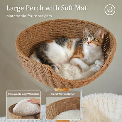PETEPELA Modern Cat Tree Tower for Indoor Large Cats w/Removable Flower Perch, Real Solid Wood Cat Scratching Posts, Boho Ratten Cat Furniture w/Cozy Condo & Wicker Basket Bed, White - color: Cloud White