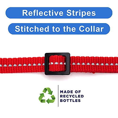 Pawtitas Recycled Red Reflective Cat Collar – Eco-Friendly Breakaway Safety Buckle, Adjustable Kitten & Adult Collar with Removable Bell and High-Visibility Strap - color: Recycled Red