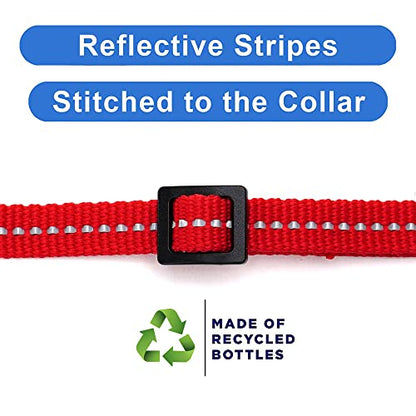 Pawtitas Recycled Red Reflective Cat Collar – Eco-Friendly Breakaway Safety Buckle, Adjustable Kitten & Adult Collar with Removable Bell and High-Visibility Strap - color: Recycled Red