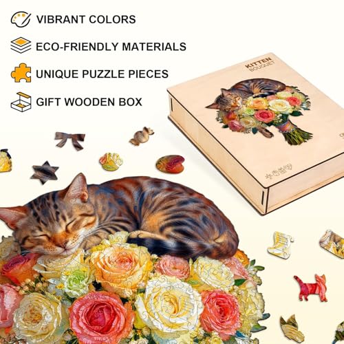 Cat Flower Bouquet Puzzles Adults Gifts Wooden 80 Pieces 8.5 * 7.6in - color: A Cat Flower Bouquet, size: Small
