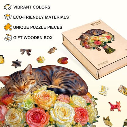 Cat Flower Bouquet Puzzles Adults Gifts Wooden 205 Pieces 13.4 * 12.0in - color: A Cat Flower Bouquet, size: Large