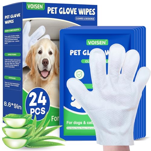 VOISEN Pet Glove Wipes for Dogs,24 Pcs Pet Cleaning Gloves,Dog Wipes Cleaning Deodorizing,Unscented Thick Pet Wipes for Nourish Fur Daily Care and Travel - size: 24 Pack