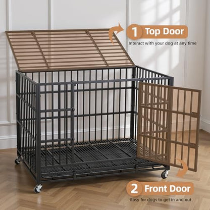 VOWNER 42 inch Heavy Duty Indestructible Dog Crate, Escape-Proof Dog Crate Cage Kennel with 4 Lockable Wheels, High Anxiety Dog Crate with Double Door and Removable Tray Design, for Large Dogs - size: 42.1"L x 27.6"W x 31.3"H