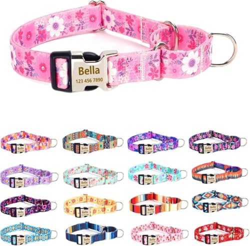 Personalized Custom Customized Martingale Dog Collars with Engraved ID Name Plate Phone Number for Puppy X-Small Small Medium Large X-Large Boy Girl Dogs