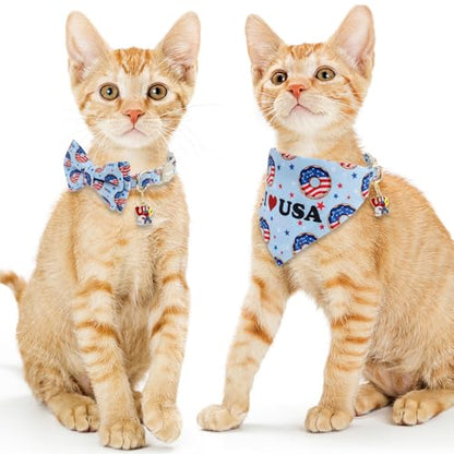 Faygarsle 2 Pack Patriotic Cat Collar Set with Bandana and Bow Tie, USA Flag Donuts Pattern, Light Blue - color: Blue Flag