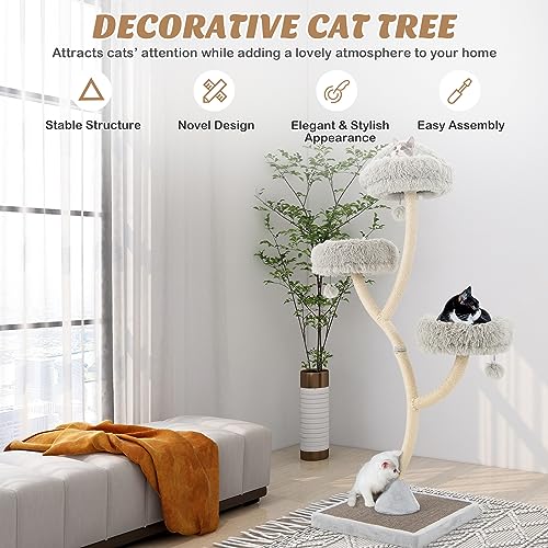 PETSITE 70" Tall Cat Tree, Cat Tower with Scratching Posts and Board, Multi-Level Cat Tower for Large Cats 20 lbs+ with 3 Cozy Perches and Dangling Balls, Modern Cat Tree for Indoor Cats Large Adult - color: Grey