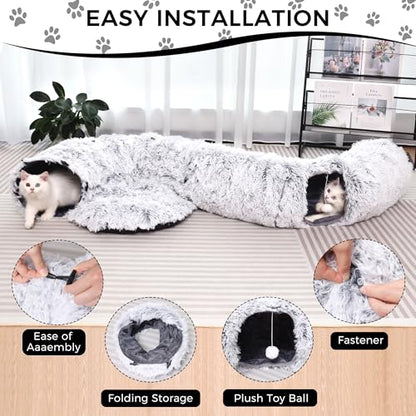 Plush Cat Tunnel with Cat Bed for Indoor Cats, Multifunctional Cat Donut Tunnel for Small Medium Large Cats Kitten Rabbit Puppies (Grey)