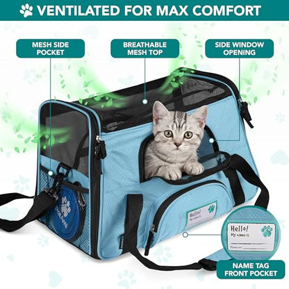 PetAmi Airline Approved Pet Carrier for Cats & Small Dogs, Soft Sided TSA Travel Carrier Bag with Sherpa Bed, Breathable Mesh Ventilation, Collapsible Bowl, Fits Under Seat, Up to 18 lbs, Large Blue - color: Light Blue, size: Large - 19.5"L x 10.2"W x 12"