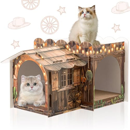 Lineshading 2 Story Cardboard Cat House with Scratcher Pad, Multi Level Durable Cat Scratcher House for Small Kitten Bunny Rabbit Animals Christmas Birthday Gift(17x12x10,Western) - style: Western