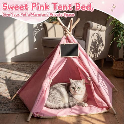Dog & Cat Teepee Tents Indoor Pet Teepee Bed with Thick Cushion Portable Dog Houses Pink Cat Tents for Puppy & Pet(S: 15.5 x 15.5 x 21 Inch) - size: S: 15.5 x 15.5 x 21 Inch