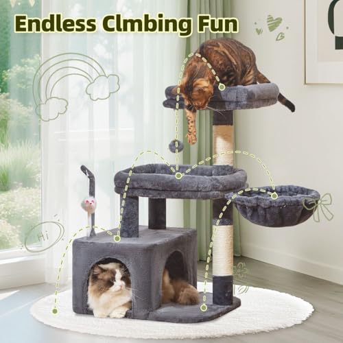 Taoqimiao MS043G Cat Tree, 32.2-Inch Cat Tower for Indoors Cats, Cat Condo with Large Cat Perch, Spacious Cat Cave, Scratching Posts for Small and Medium Cats, Smoky Gray - color: Smoky Gray