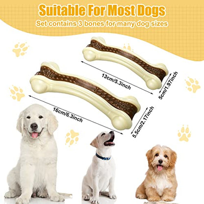 Sosation 3 Pack Chew Toys for Aggressive Chewers, Bone Toys Nylon Beef Flavor Dog Teething Toys for Large/Medium/Small Puppies Breeds(Large, Medium, Curved Bone) - size: Large, Medium, style: Curved Bone