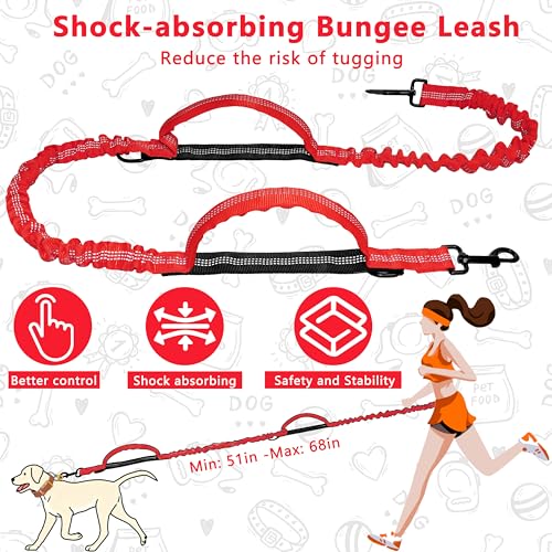 Hands Free Dog Leash with Zipper Pouch, Running Waist Leash for Dog Walking, Adjustable Waist Belt for Large Dogs, Reflective Bungee Design with Two Handle for Hiking, Training, Red - color: Red