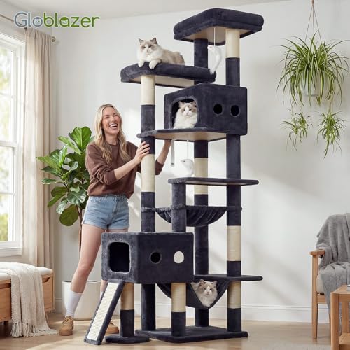 Globlazer Multi-Level Tall Cat Tower 83 inch Sturdy Extra Large Heavy Duty Cat Tree for Indoor Large Adult Cats Kittens with 2 Cat Condo, 8 Scratching Post, 2 Hammock, S83G, Dark Grey - color: Dark Grey