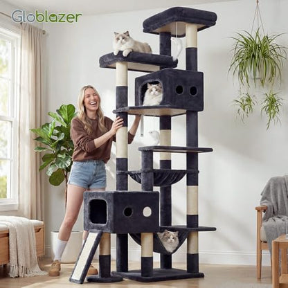 Globlazer Multi-Level Tall Cat Tower 83 inch Sturdy Extra Large Heavy Duty Cat Tree for Indoor Large Adult Cats Kittens with 2 Cat Condo, 8 Scratching Post, 2 Hammock, S83G, Dark Grey - color: Dark Grey