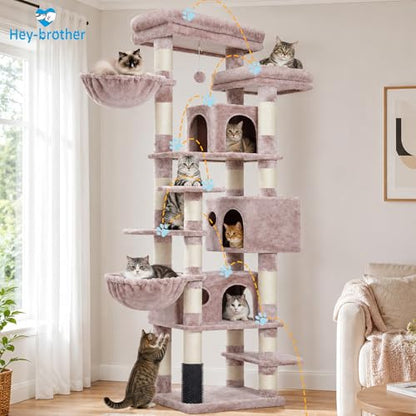 Hey-brother Cat Tree, 74 inches Multi-Level XL Large Cat Tower for Indoor Cats with Three Cat Condos, Two Large Top Decks and Cat Hairbrushfor Kittens, Cats and Pets,Muchroom MPJ035-MMU - color: Muchroom