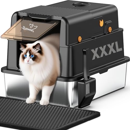 L8 Max-XXXL Stainless Steel Litter Box with Lid, 28" L x 20.5" W x 17.4" H Large Cat Litter Box for Big Cats, Cat Litter Deodorizer Included, High Sided Enclosure with Scoop & Mat, Anti-Leakage-Black - color: Black