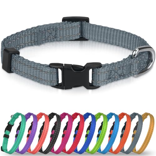 Joytale Puppy Collar, Feather-Light Double-Sided Reflective Nylon Collar for Night Safety, Adjustable Quick-Release for Extra Small Dogs, Gray, XS (3/8" Width) - color: Gray, size: XS: Width 3/8", Neck 8-12"