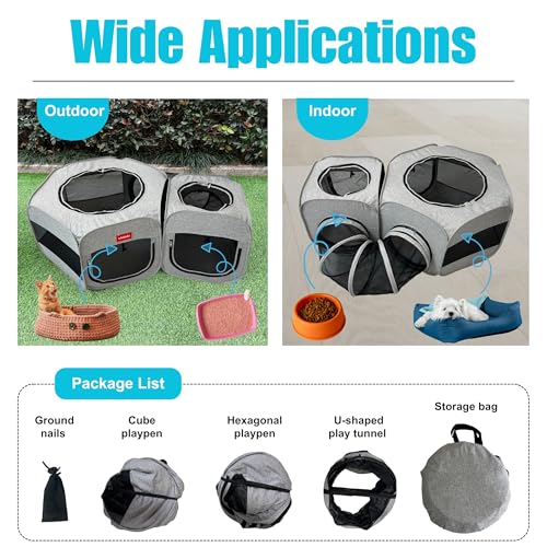 Portable Cat Playpen 2-Room with Tunnel, 3-in-1 Pop-up Cat Dog Crate Play Enclosure with Separate Areas, Foldable Pet Playpen for Puppy Kitten and Small Animals Indoor Outdoor - size: Small