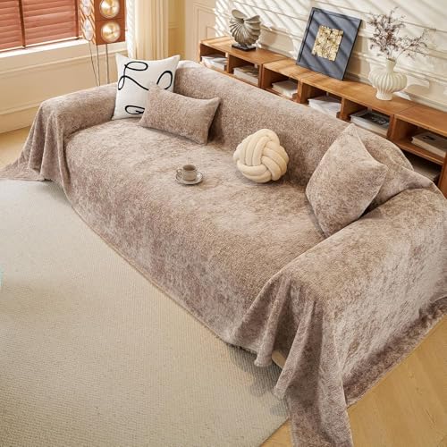 ROOMLIFE Boho Khaki Couch Cover for Dogs, Washable Non Slip Furniture Protector Couch Sofa Covers for 3 Cushion Couch, Soft Chenille Sofa Slipcovers Couch Cover Throw Blanket with Tassels 71''X150'' - color: C#khaki, size: XX-Large(71''*150'')