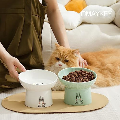 6.5 Inch Extra Wide Elevated Cat Bowls, Ceramic Raised Tilted Cat Bowl for Food and Water, Porcelain Pet Feeder Dishes for Cats & Dogs, Whisker Fatigue, White & Green - color: White & Green